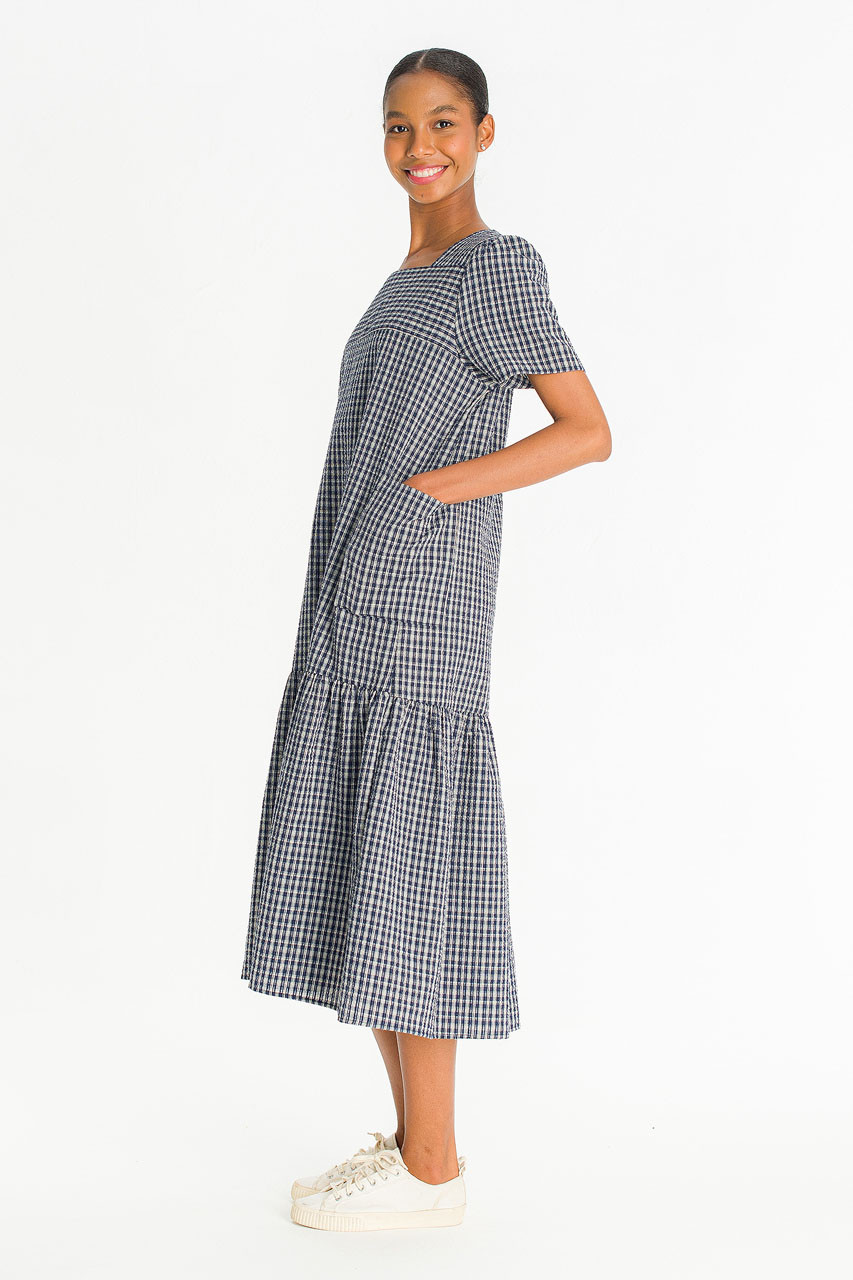 Netti Check Square Pocket Dress, Navy