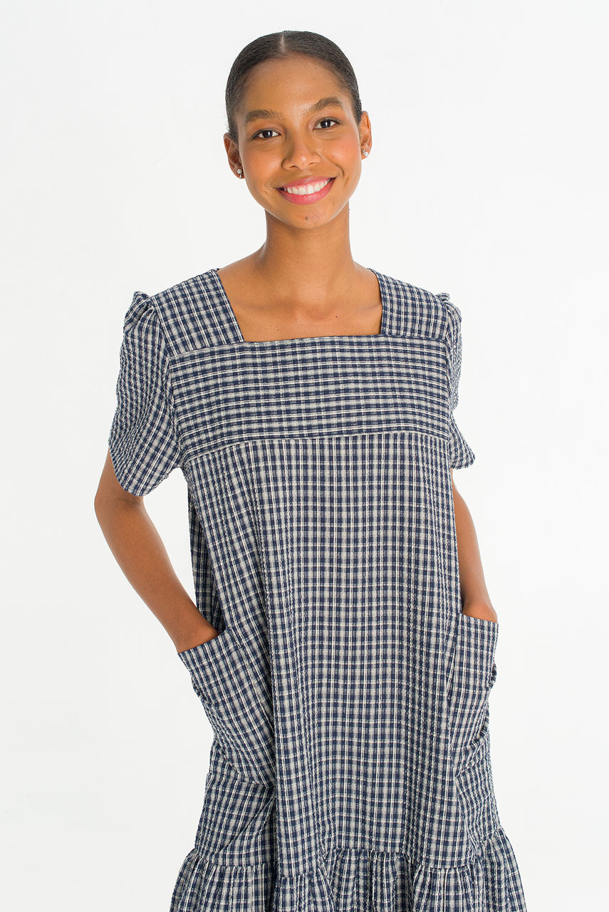 Netti Check Square Pocket Dress, Navy