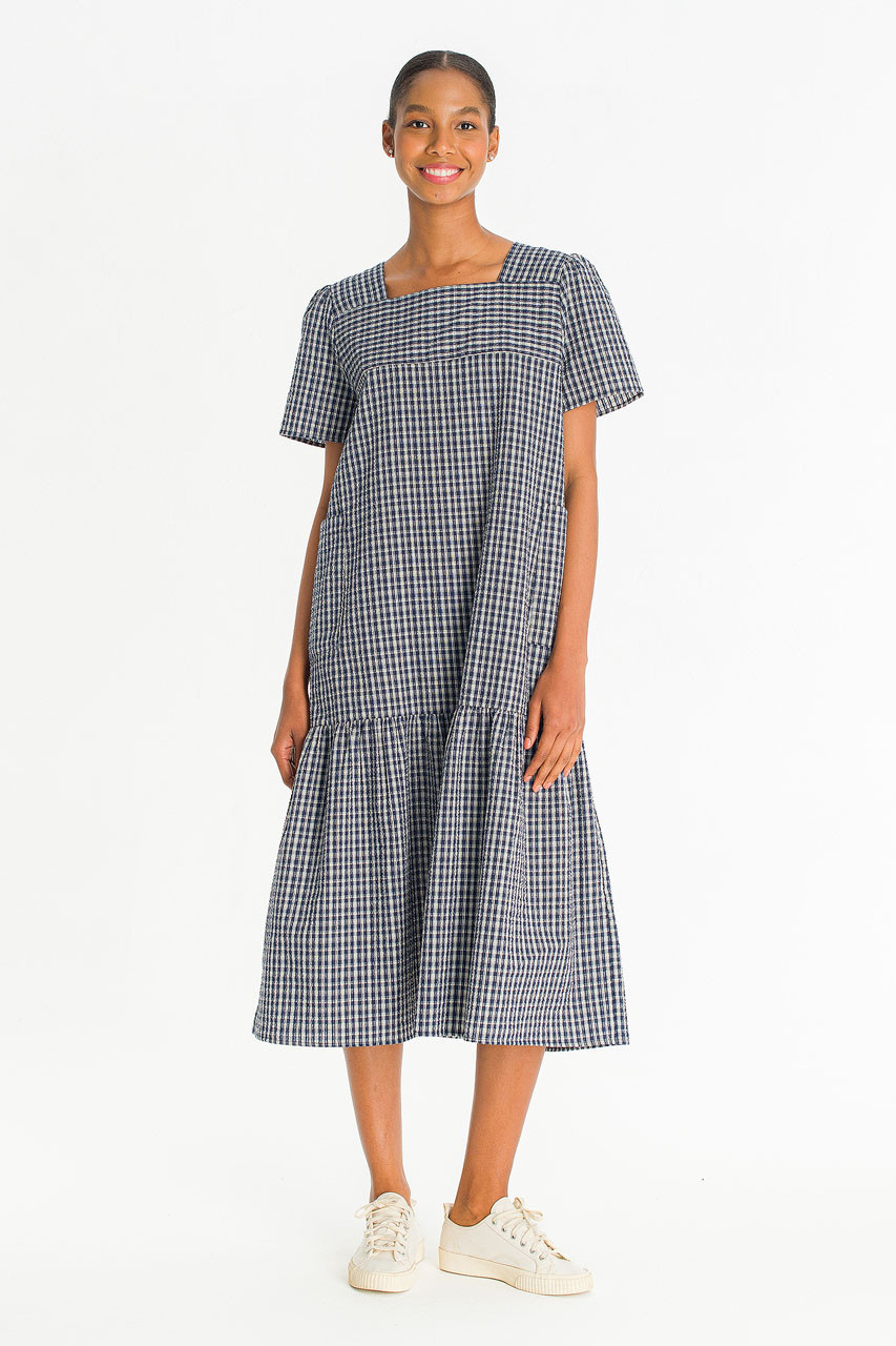 Netti Check Square Pocket Dress, Navy