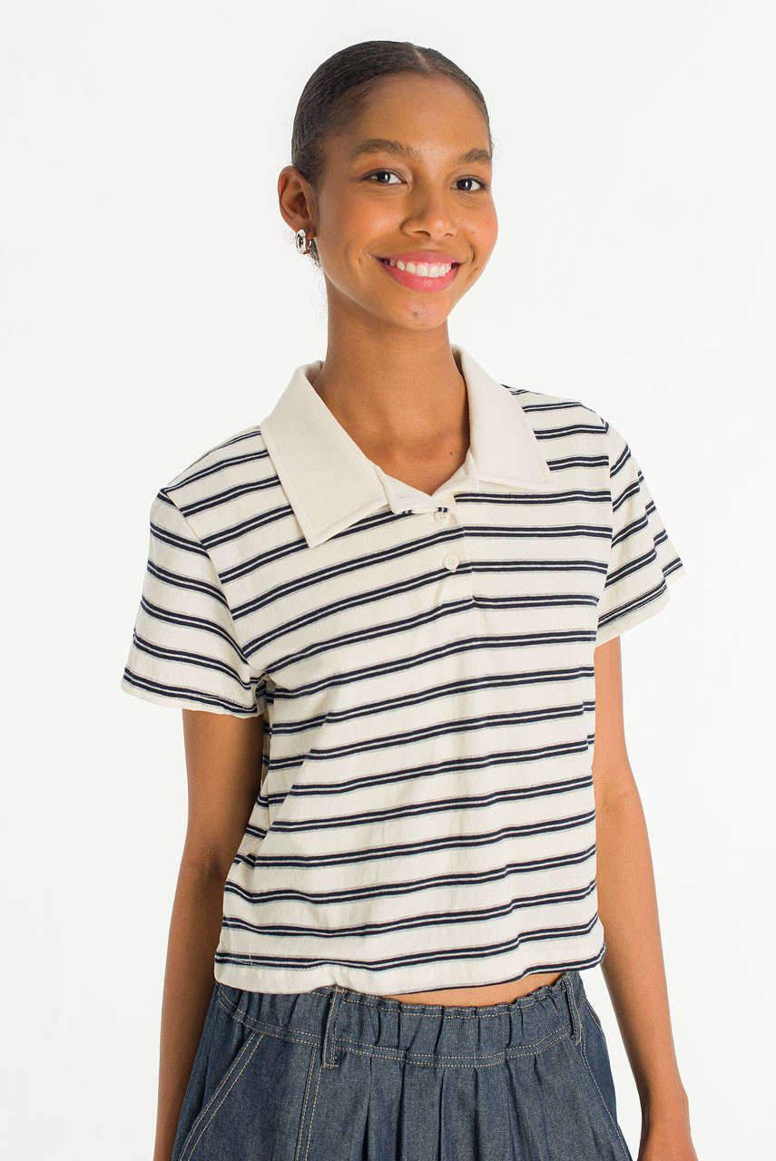 Mini Stripe Polo Tee, Ivory