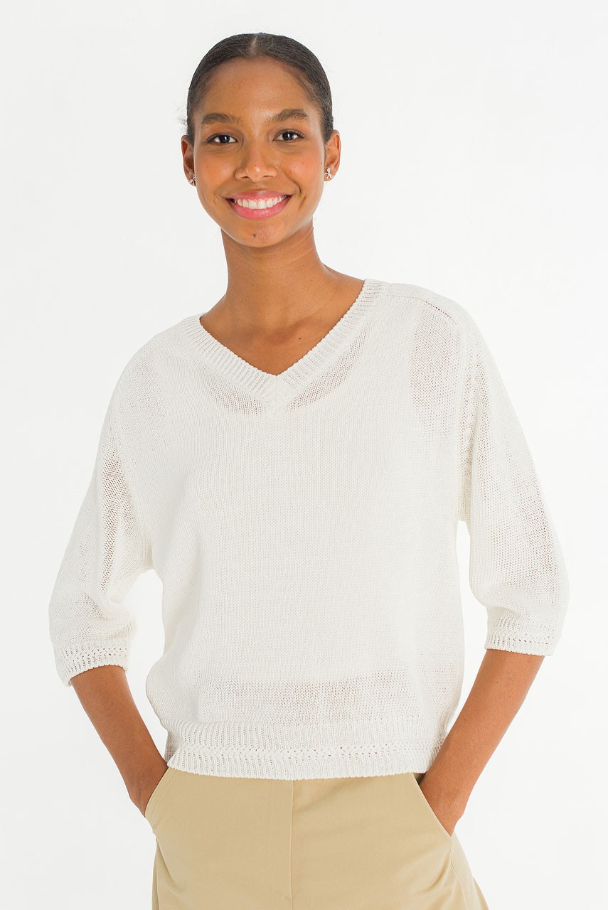 Raglan Cotton Blend V Neck Jumper, White