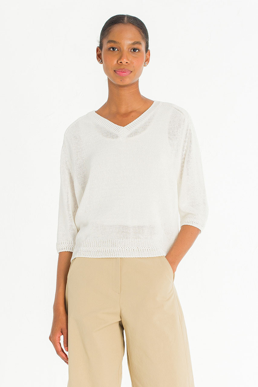 Raglan Cotton Blend V Neck Jumper, White