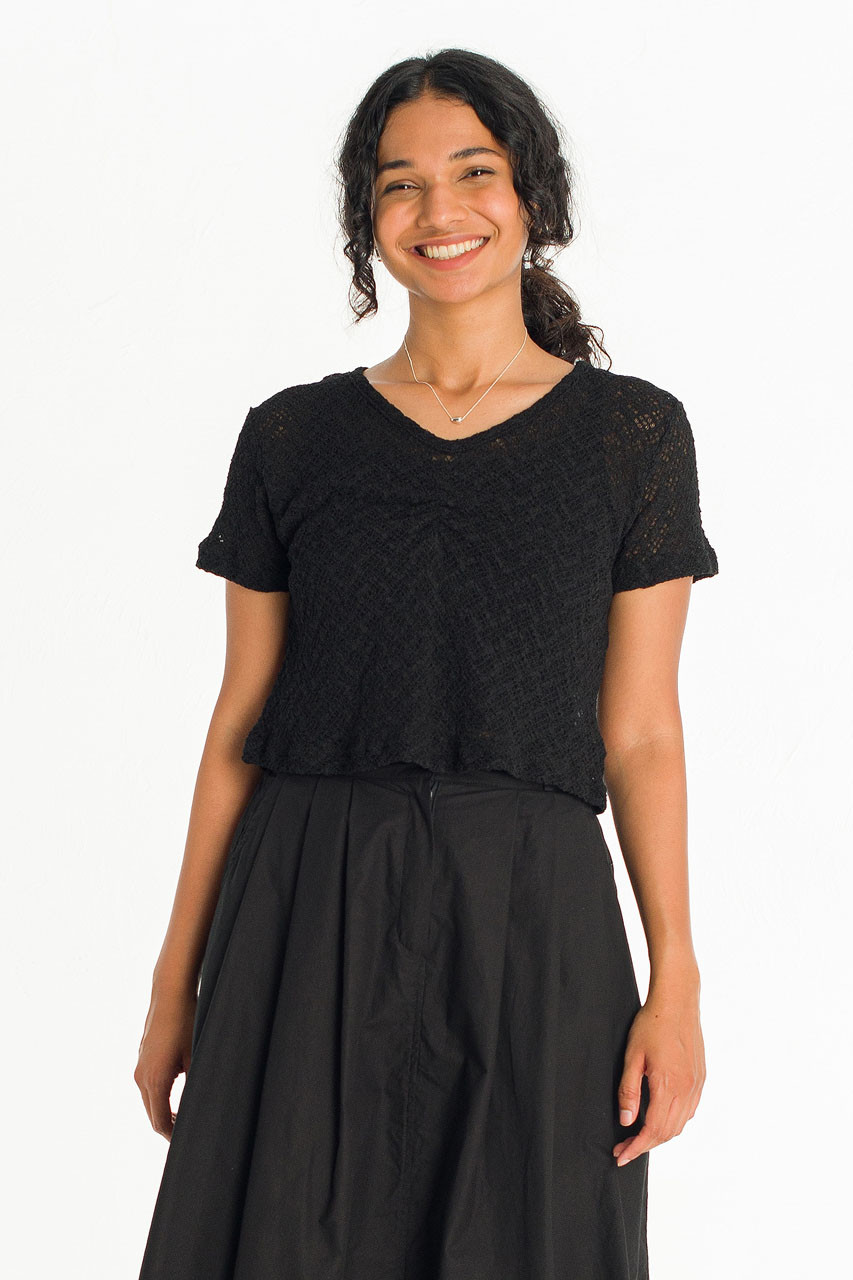 Coralie Check Crochet Top, Black