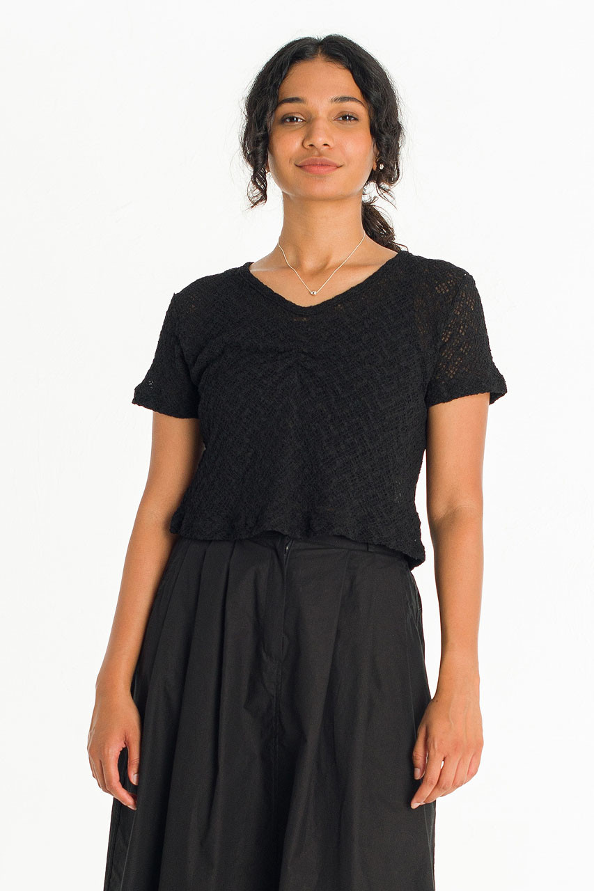Coralie Check Crochet Top, Black