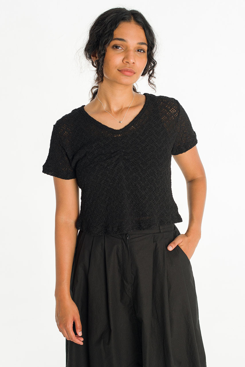Coralie Check Crochet Top, Black