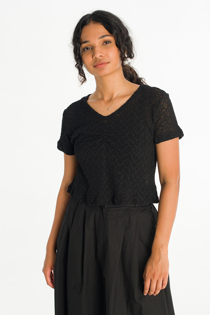 Coralie Check Crochet Top, Black