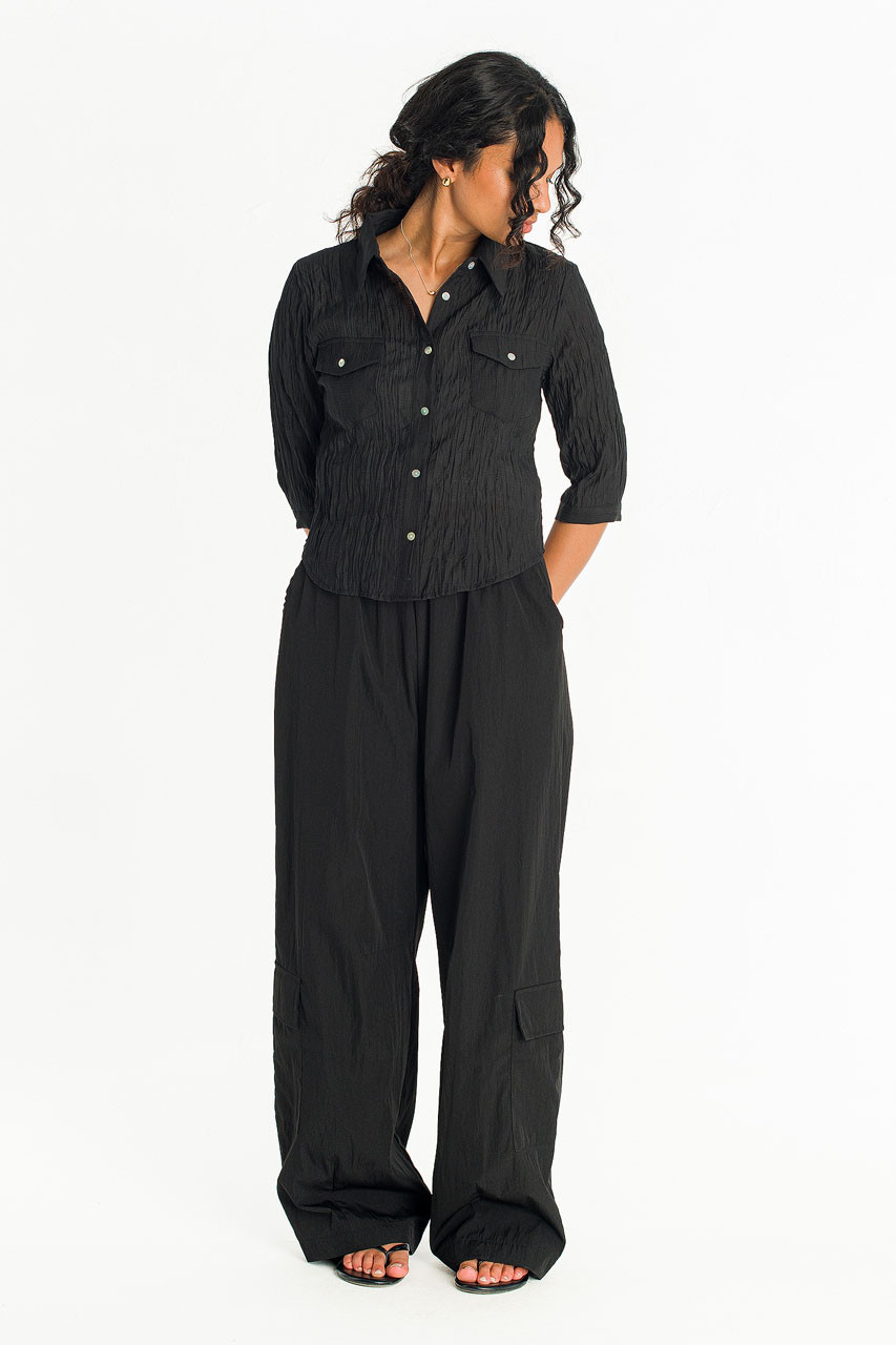 Latte Banding Waist Cargo Trousers , Black