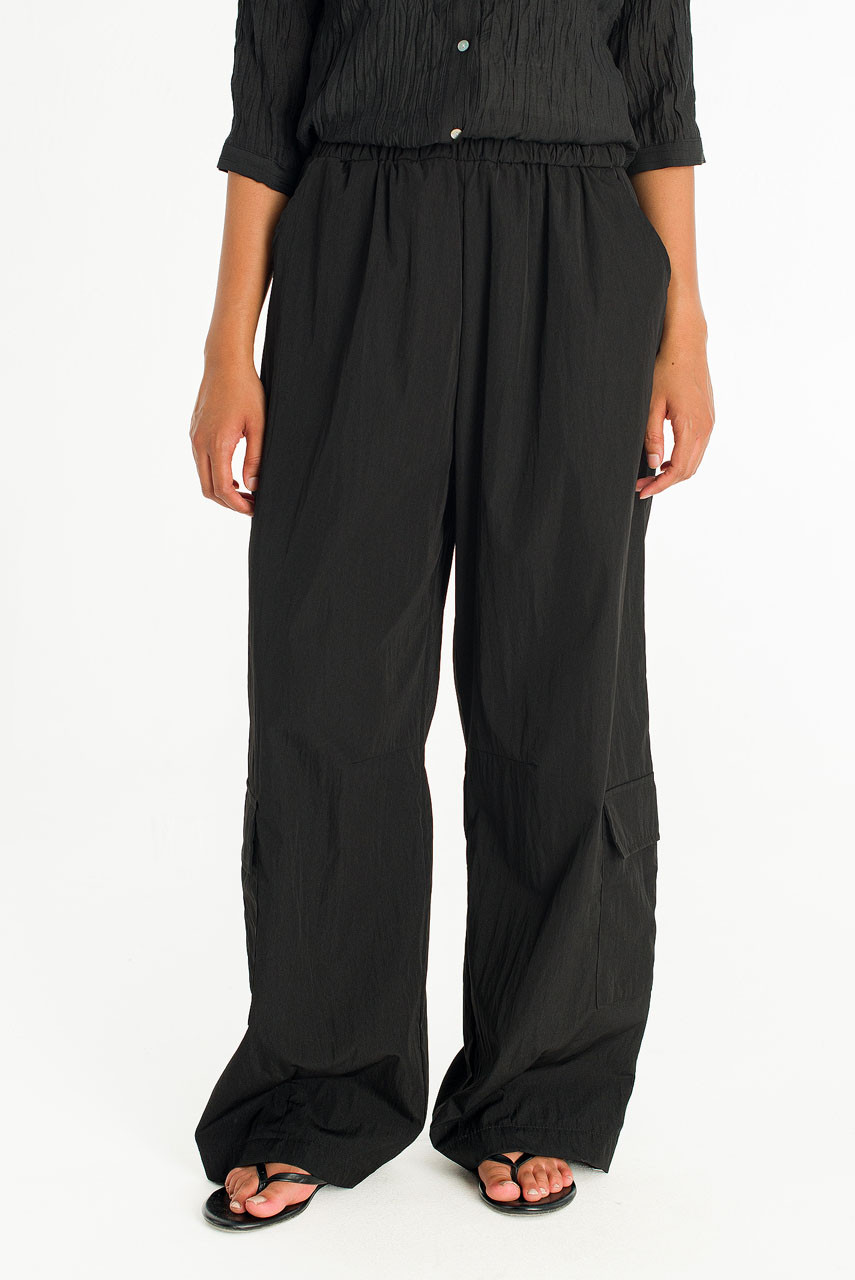 Latte Banding Waist Cargo Trousers , Black