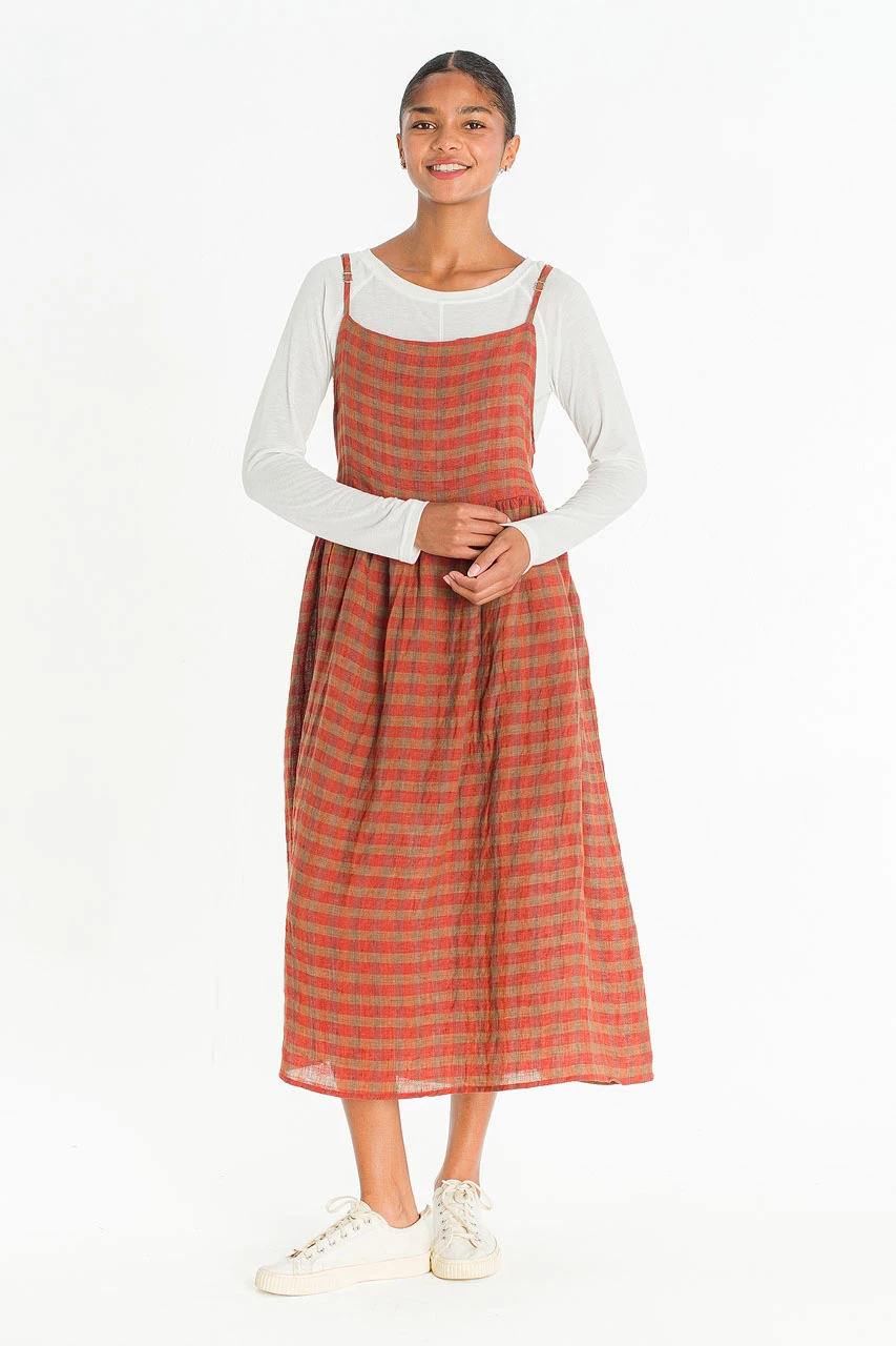 Linen Check Slip Dress, Brick