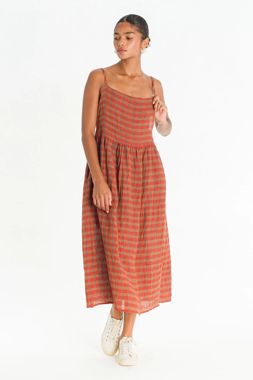 Linen Check Slip Dress, Brick