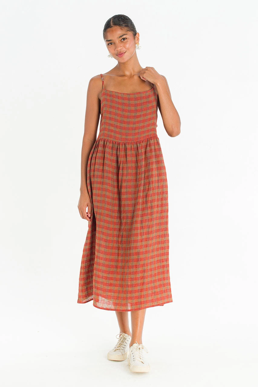 Linen Check Slip Dress, Brick