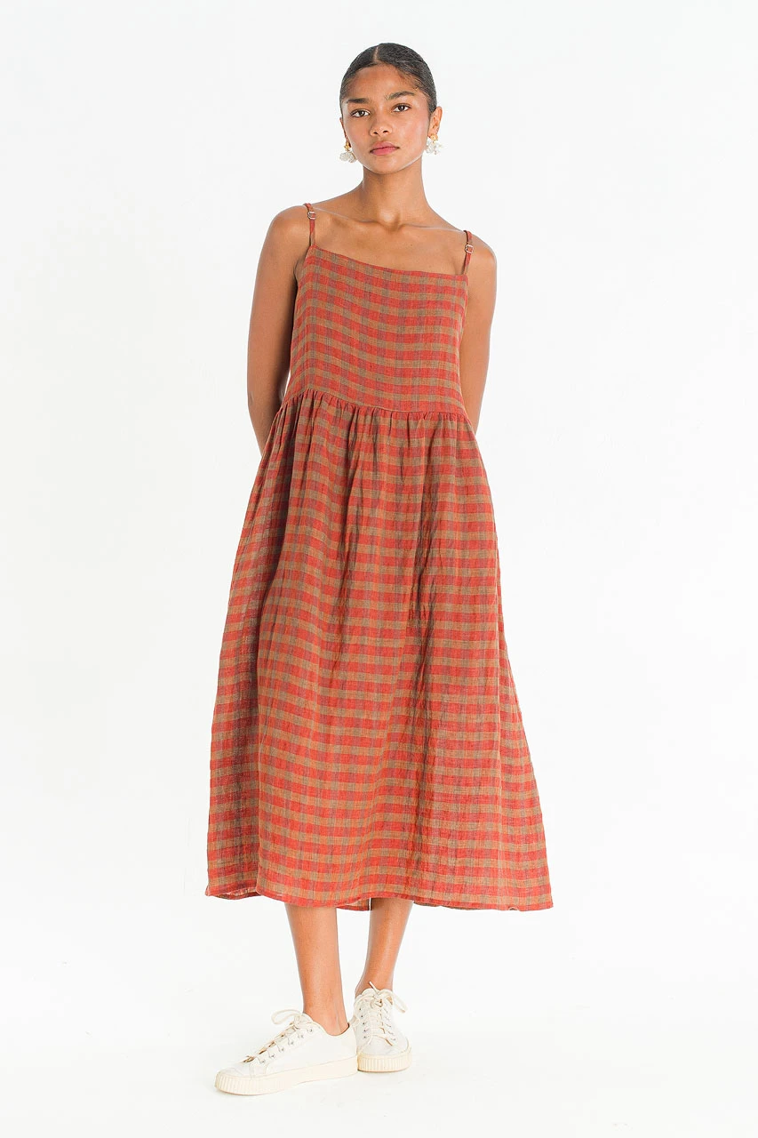 Linen Check Slip Dress, Brick