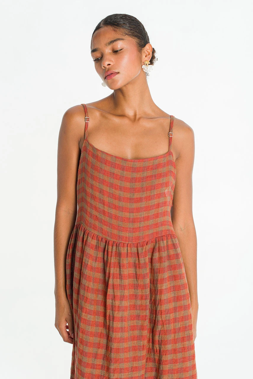 Linen Check Slip Dress, Brick