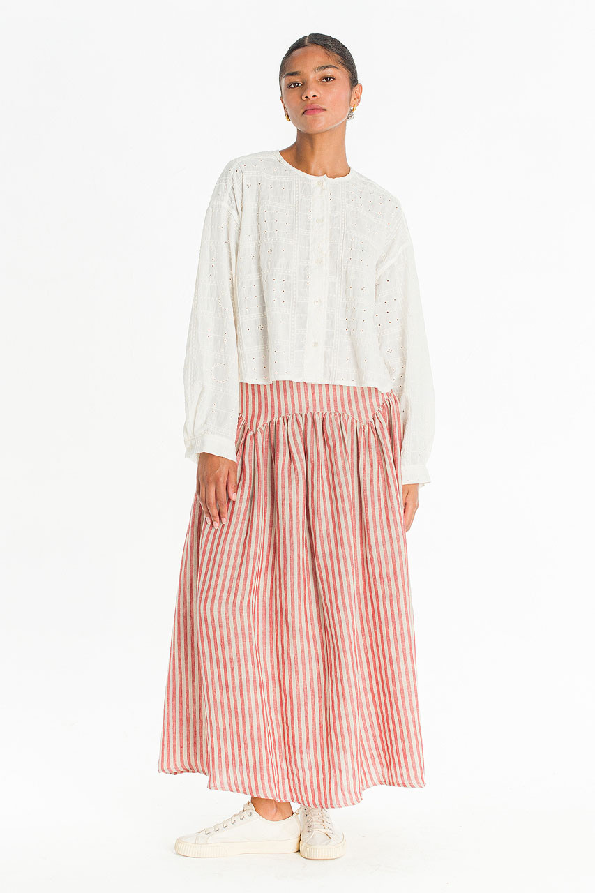 Belle Stripe Linen Skirt, Red