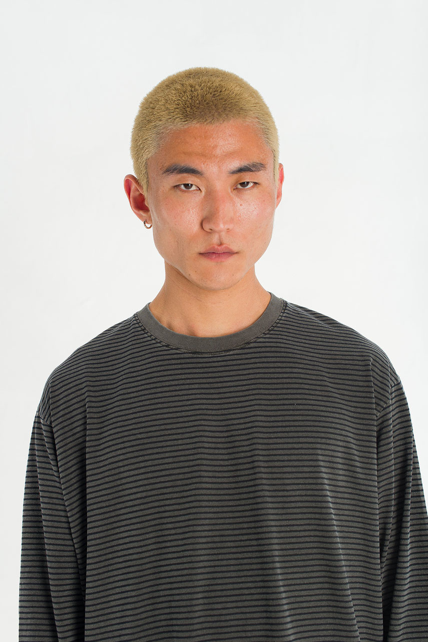 Menswear | Striped Long-Sleeve Pigment Tee, Charcoal