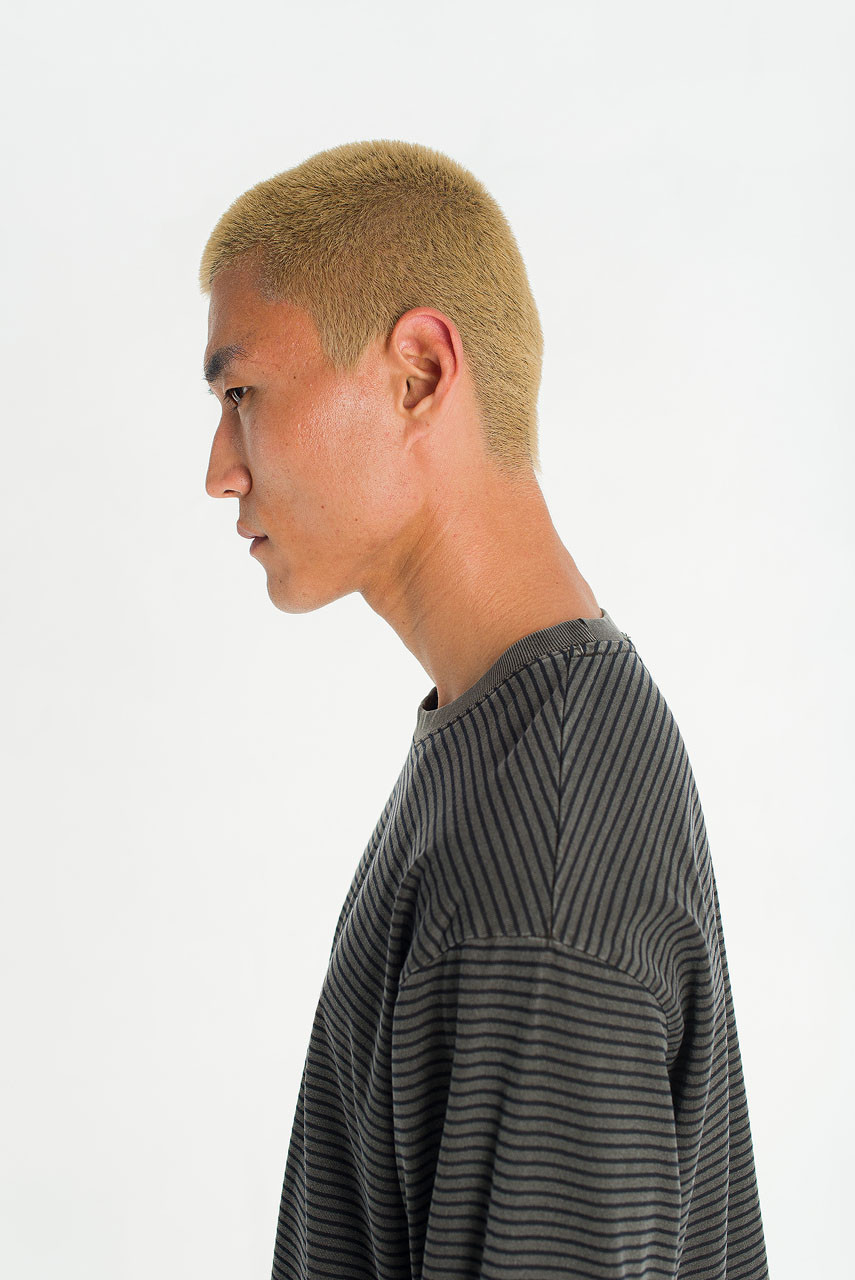 Menswear | Striped Long-Sleeve Pigment Tee, Charcoal