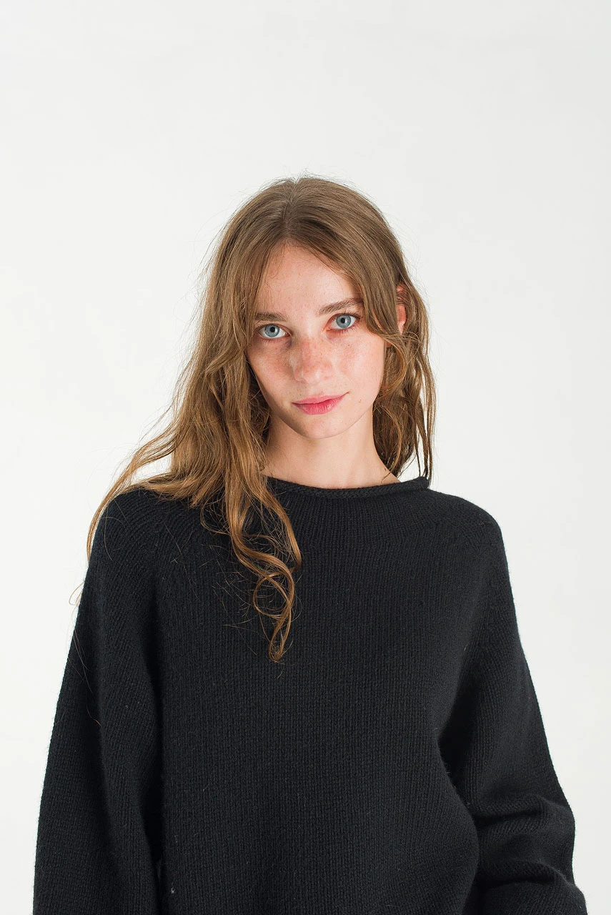 Boat Neck Wool Boxy Jumper, Black