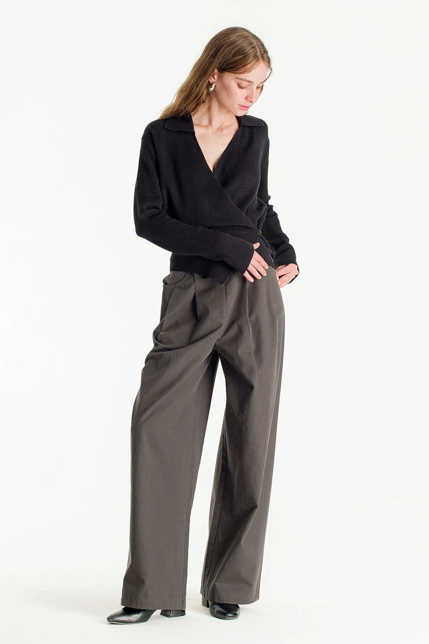 Curved Cotton Trousers, Charcoal