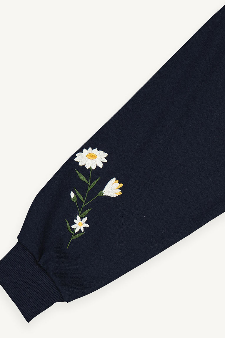 Flower Embroidered Sleeve Sweatshirt, Navy