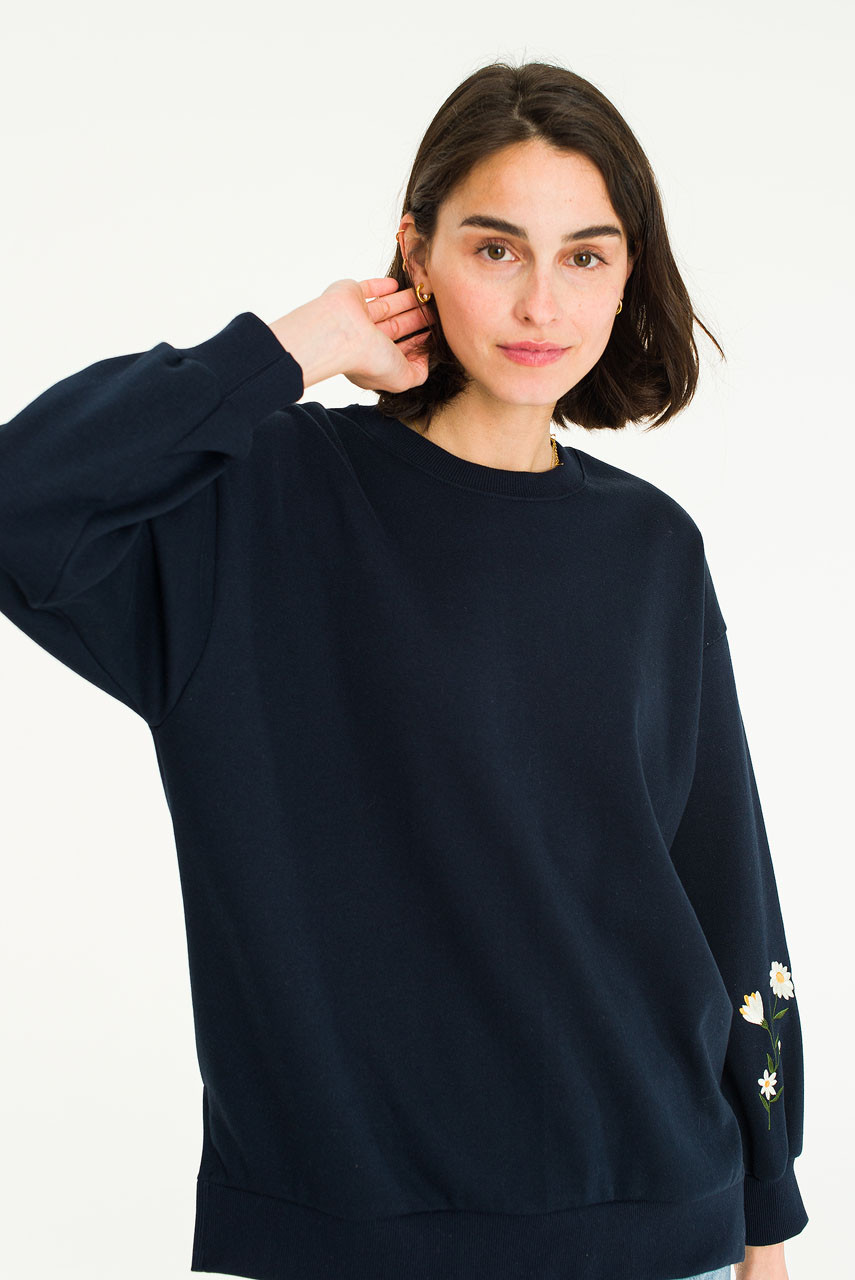Flower Embroidered Sleeve Sweatshirt, Navy