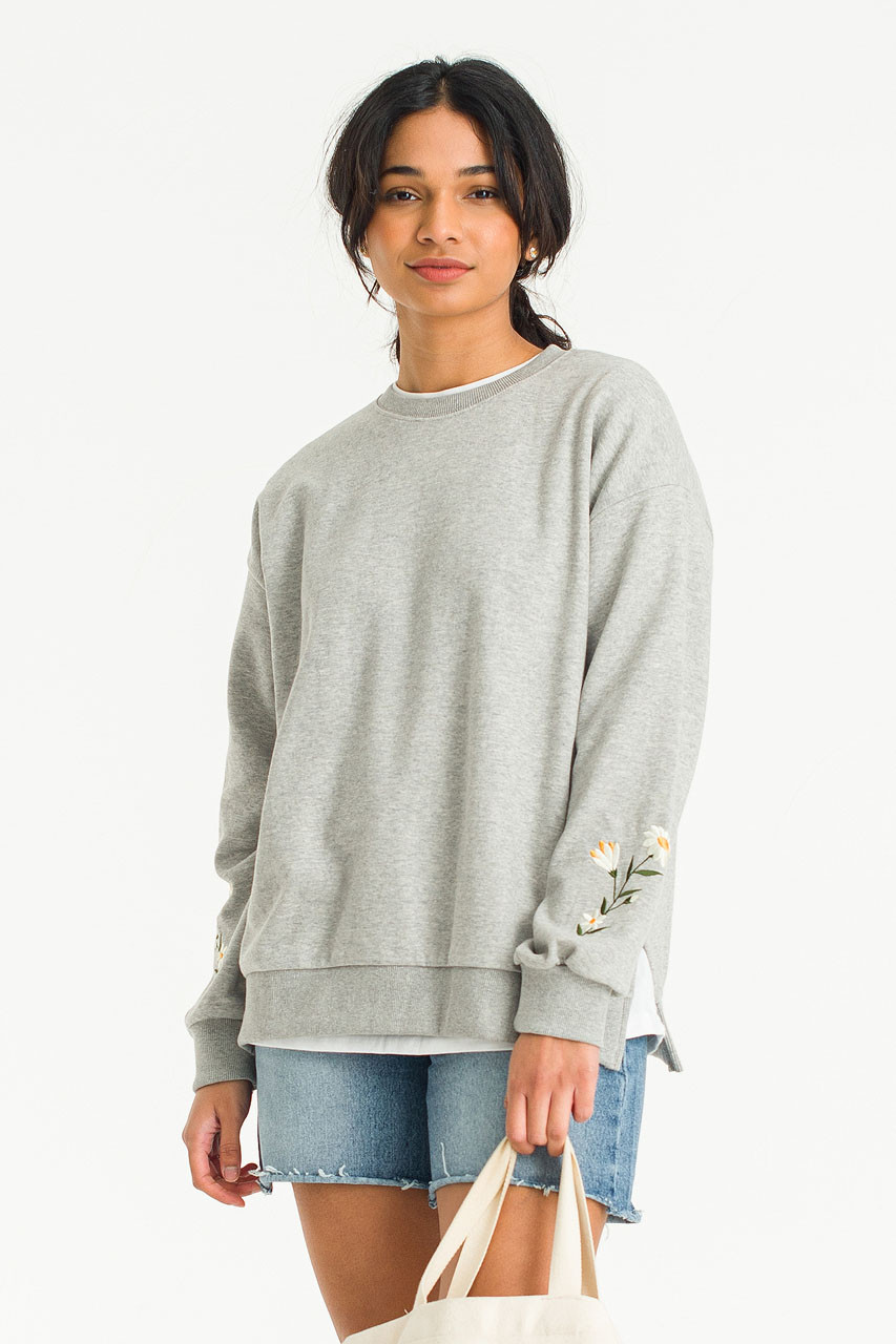 Flower Embroidered Sleeve Sweatshirt, Grey
