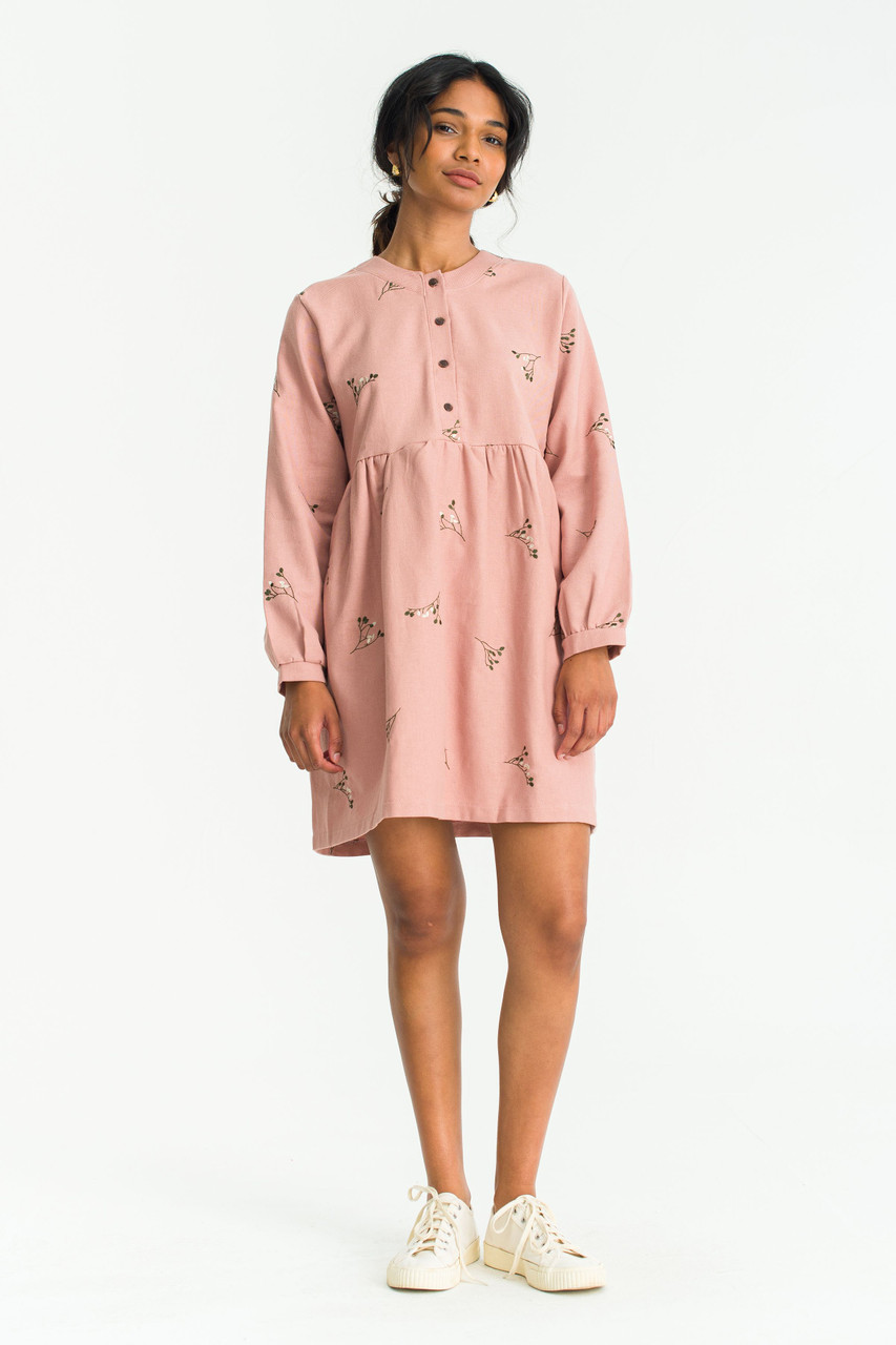 Autumn Flower Embroidered Madarin Collar Baby Doll Dress, Pink