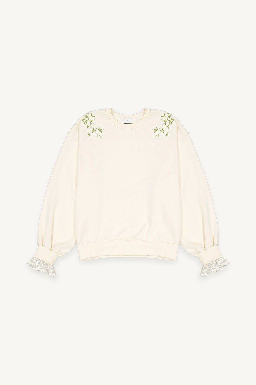 Daisy Embroidered Lace Sleeve Sweatshirt, Ivory