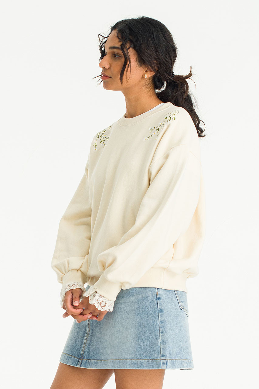 Daisy Embroidered Lace Sleeve Sweatshirt, Ivory