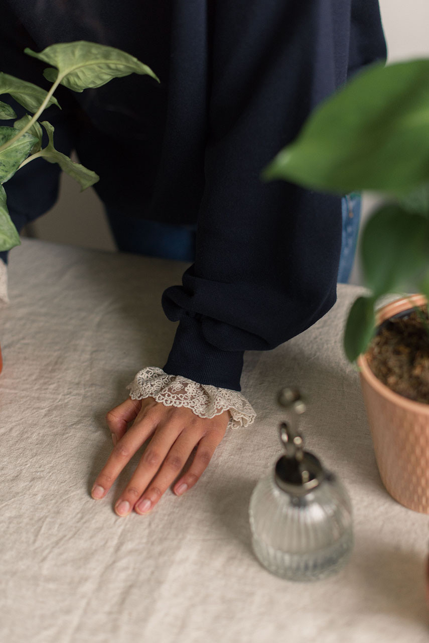 Daisy Embroidered Lace Sleeve Sweatshirt, Navy