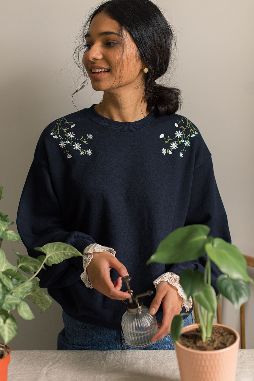 Daisy Embroidered Lace Sleeve Sweatshirt, Navy
