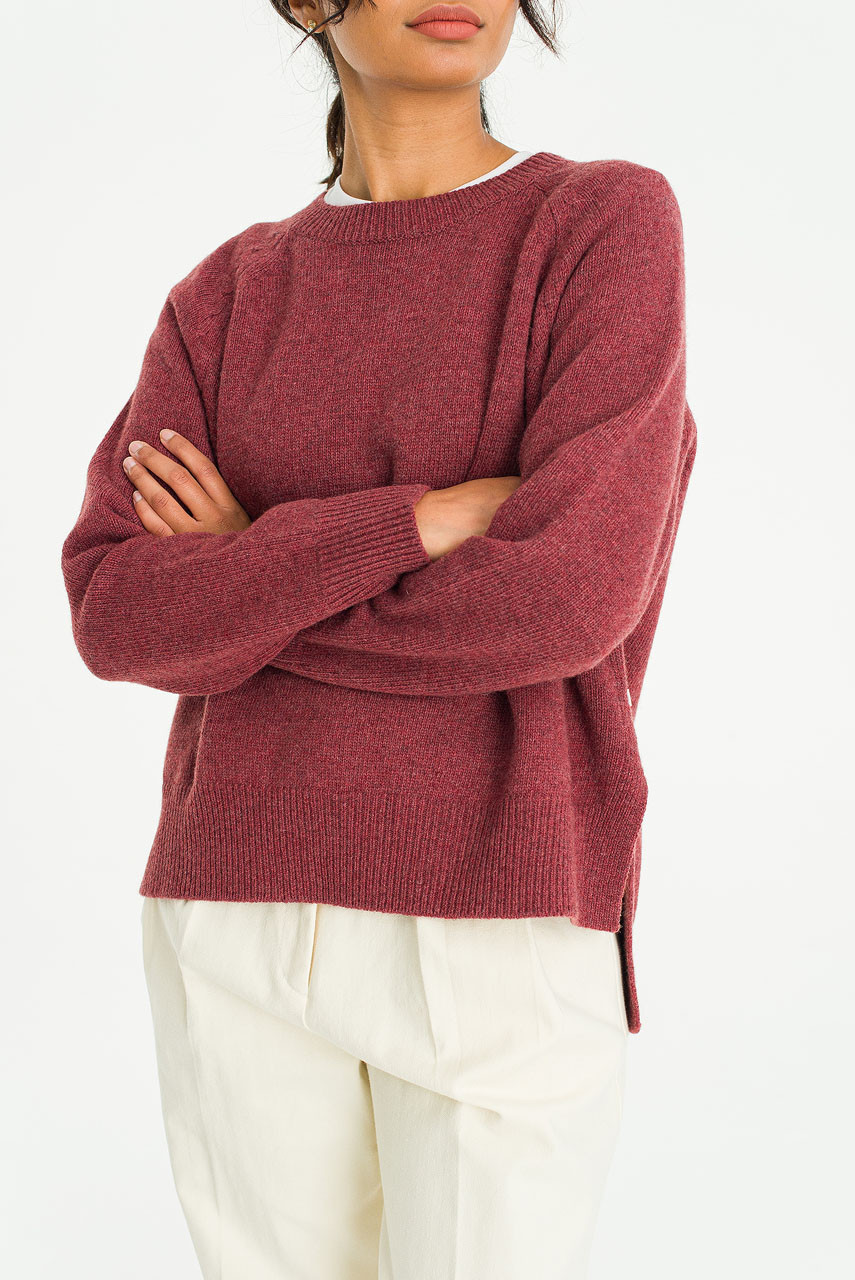 Unbalanced Crew Neck Knit, Wine Melange