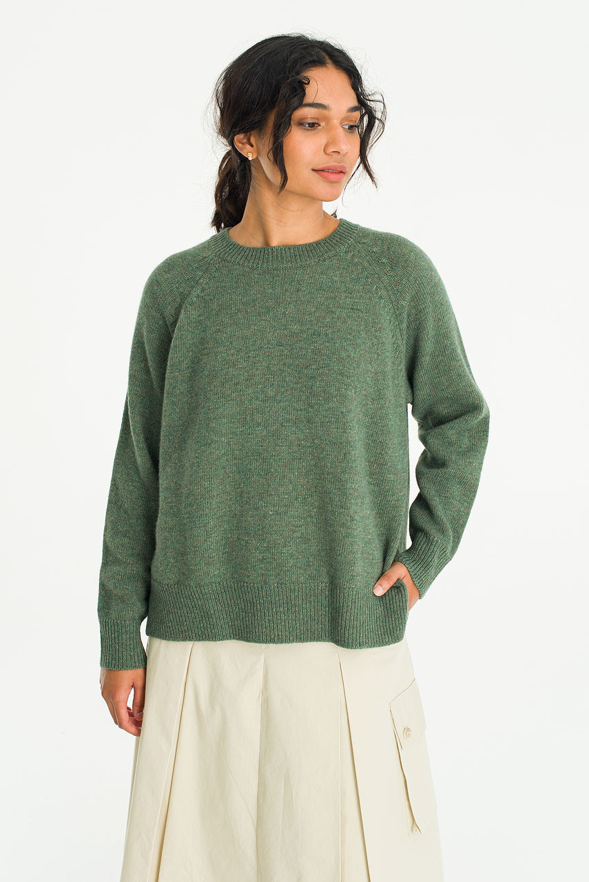 Unbalanced Crew Neck Knit, Khaki Melange