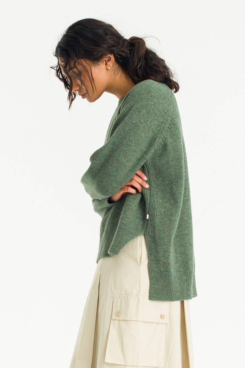 Unbalanced Crew Neck Knit, Khaki Melange