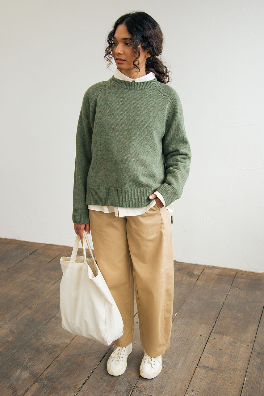 Unbalanced Crew Neck Knit, Khaki Melange