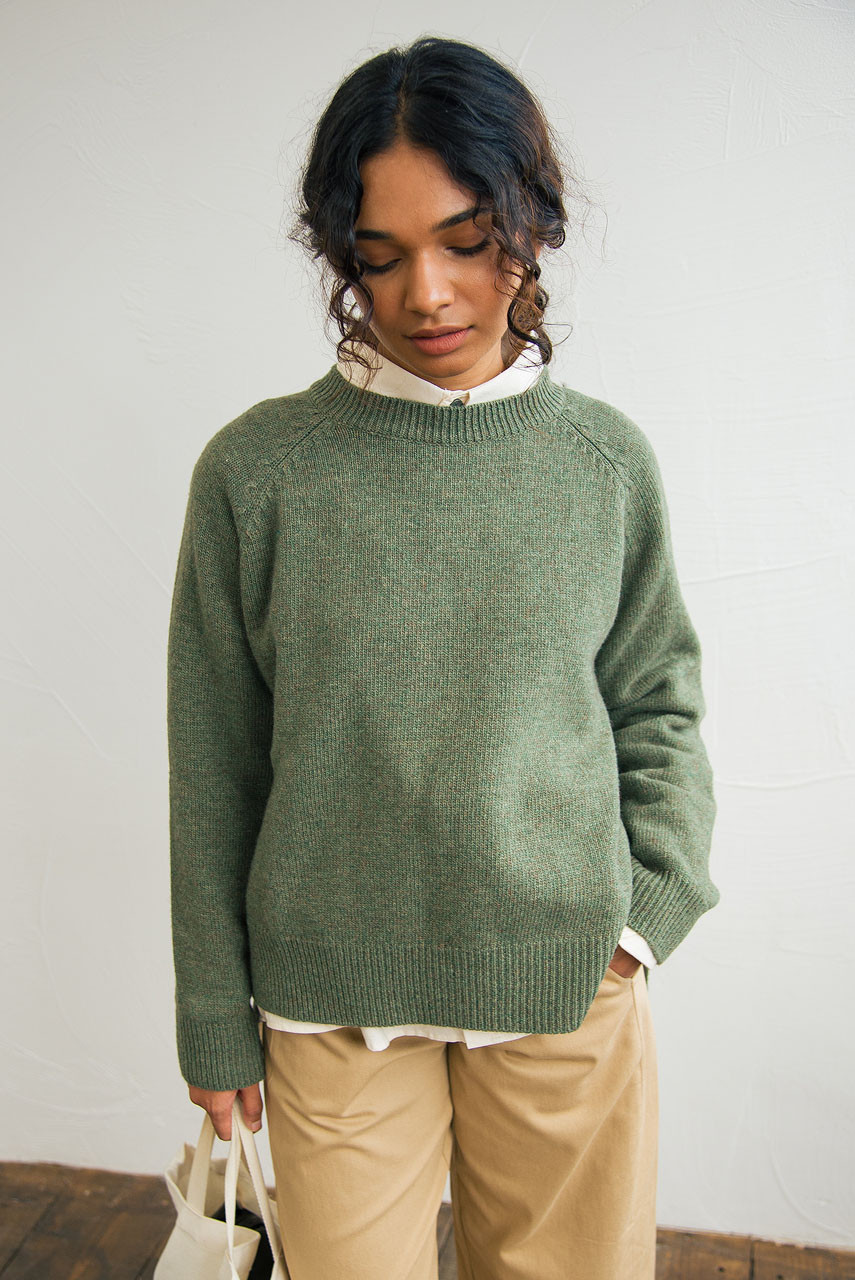 Unbalanced Crew Neck Knit, Khaki Melange
