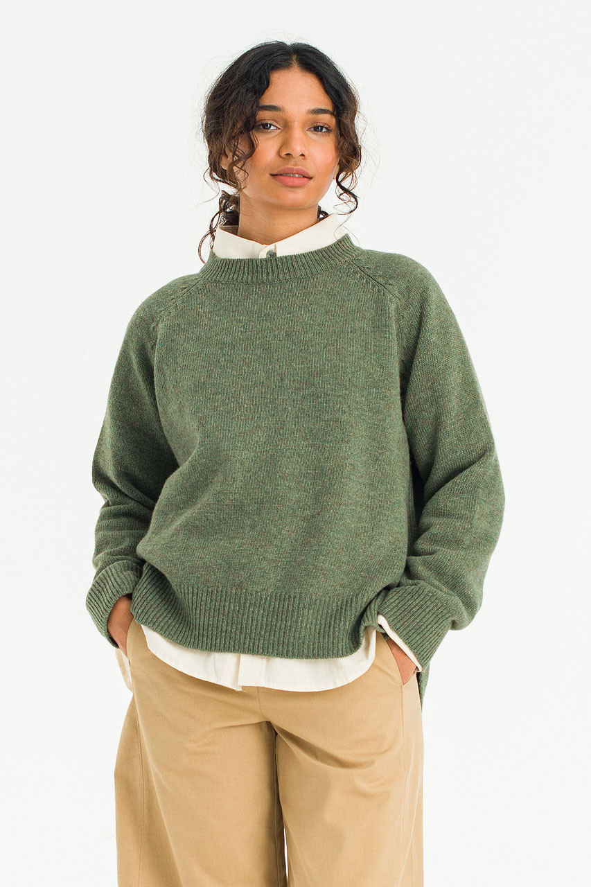 Unbalanced Crew Neck Knit, Khaki Melange
