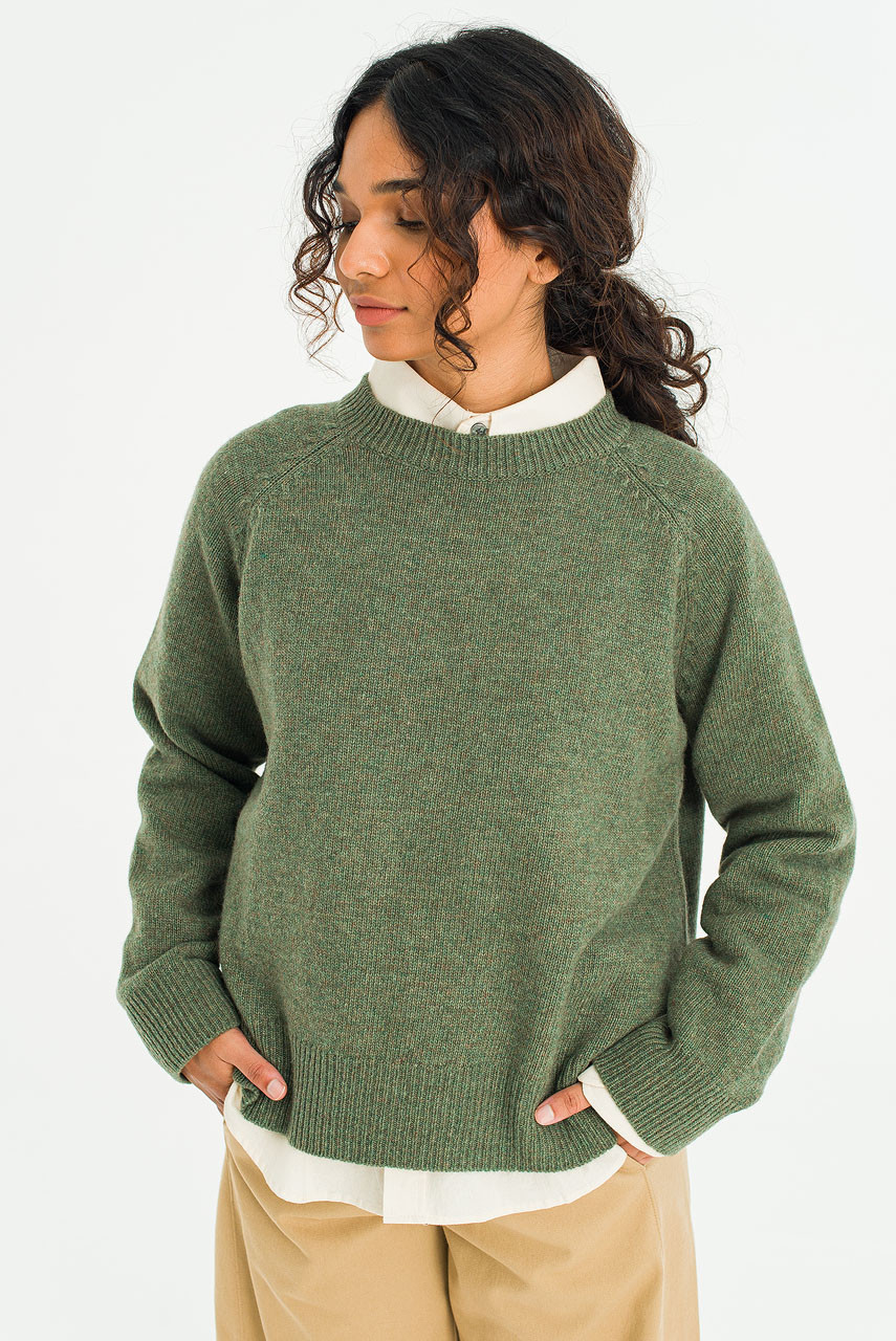 Unbalanced Crew Neck Knit, Khaki Melange