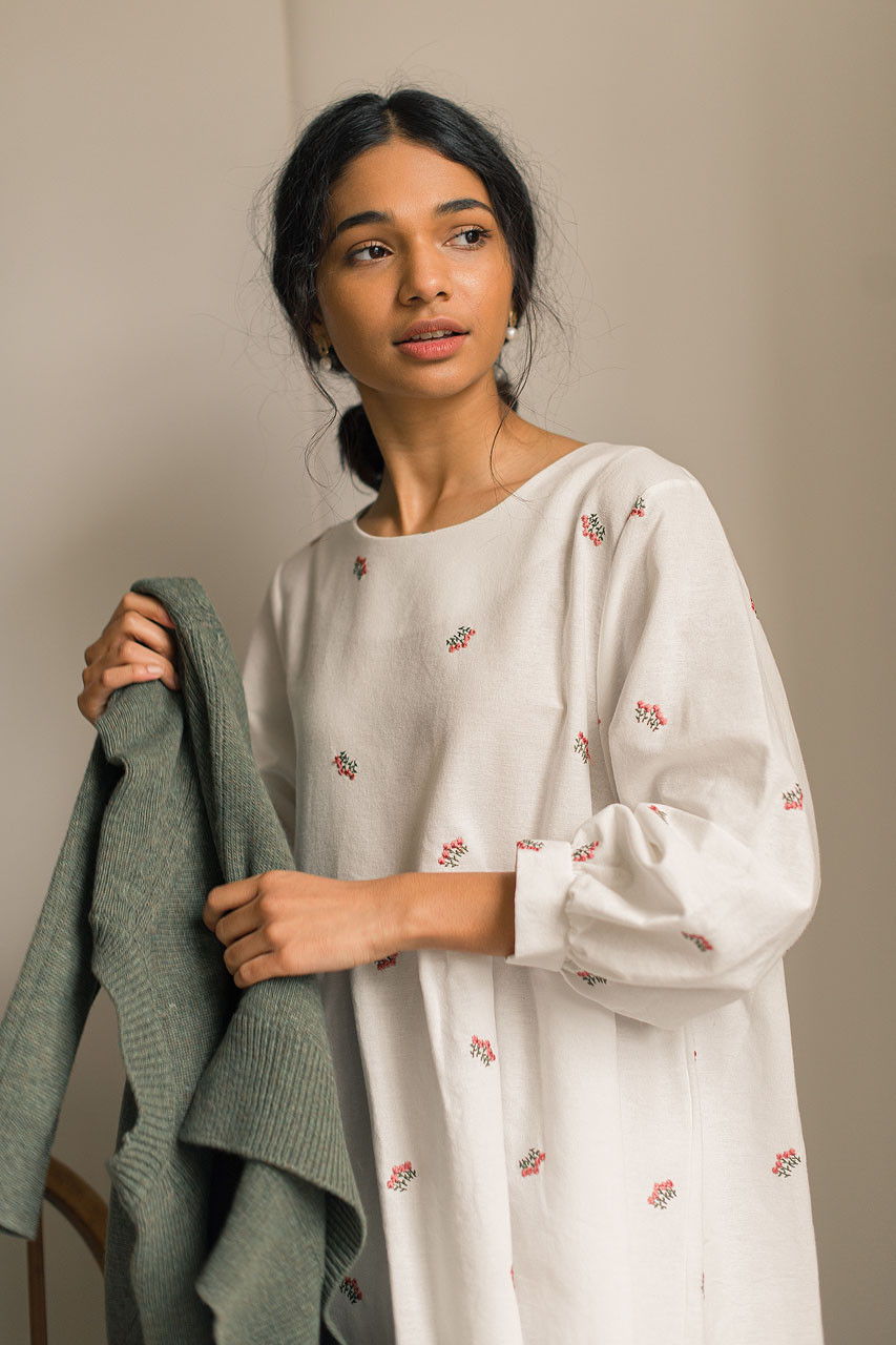 Wildflower Embroidered Cotton Dress, Ivory