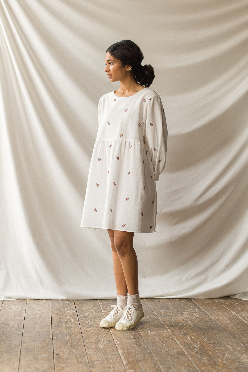 Wildflower Embroidered Cotton Dress, Ivory