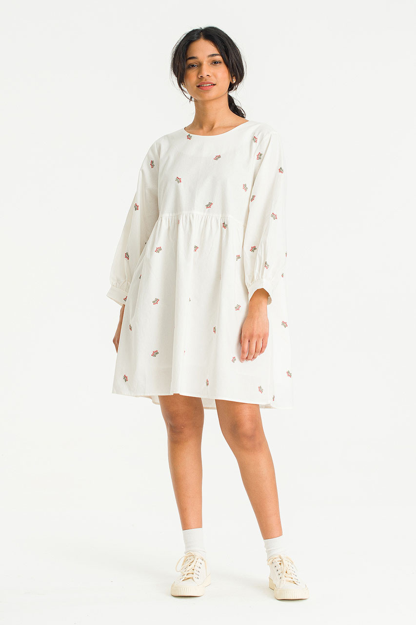 Wildflower Embroidered Cotton Dress, Ivory