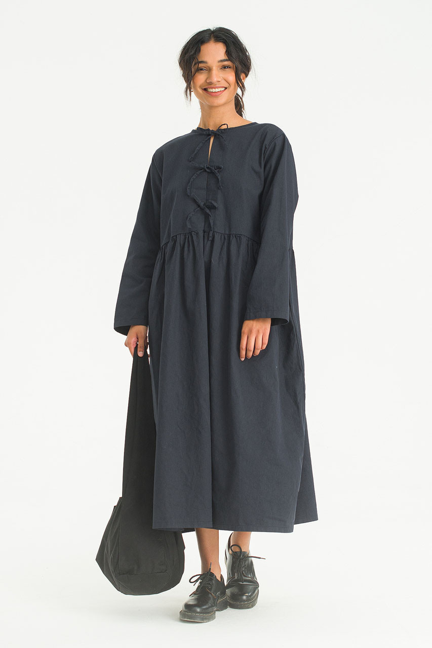 Ribbon Back Cotton Dress, Navy