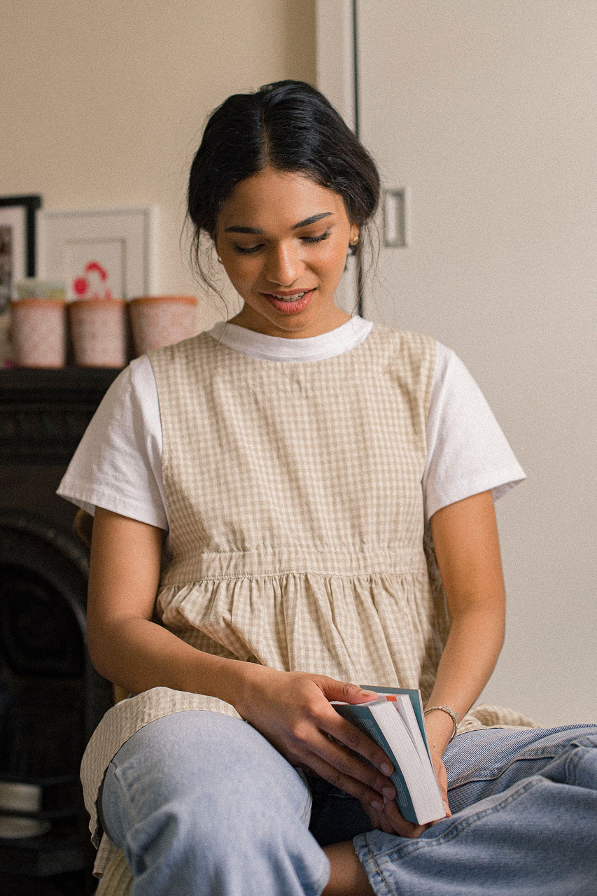 Faye Ribboned Vest, Beige Gingham