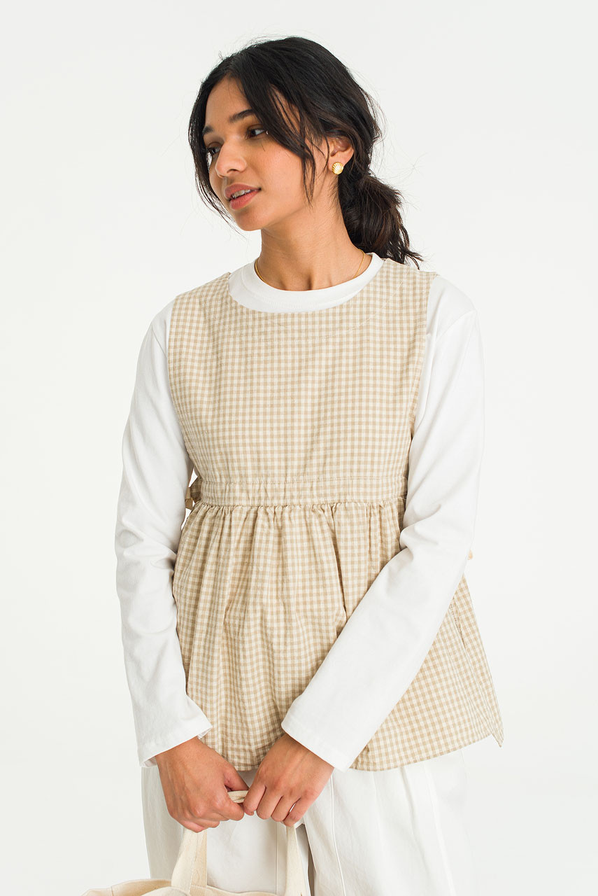 Faye Ribboned Vest, Beige Gingham