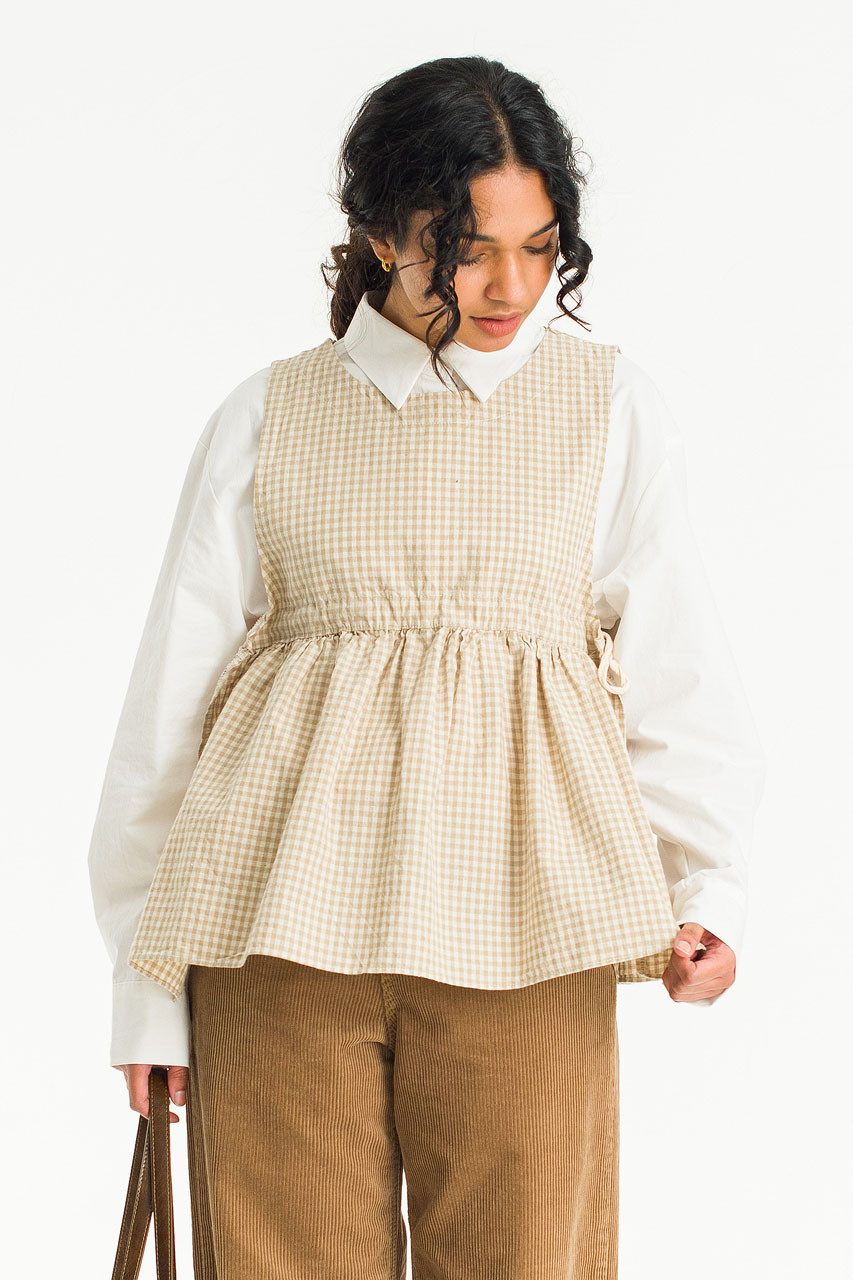 Faye Ribboned Vest, Beige Gingham
