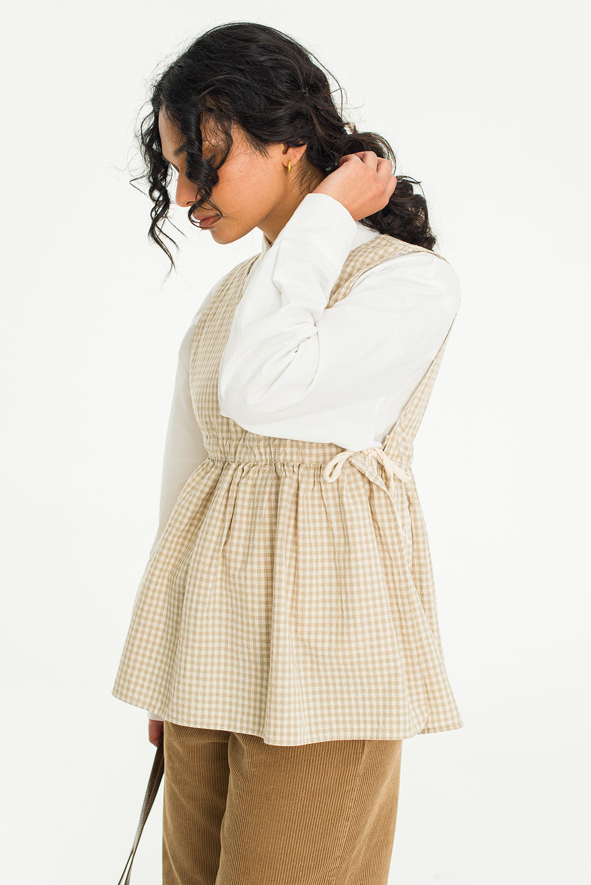 Faye Ribboned Vest, Beige Gingham