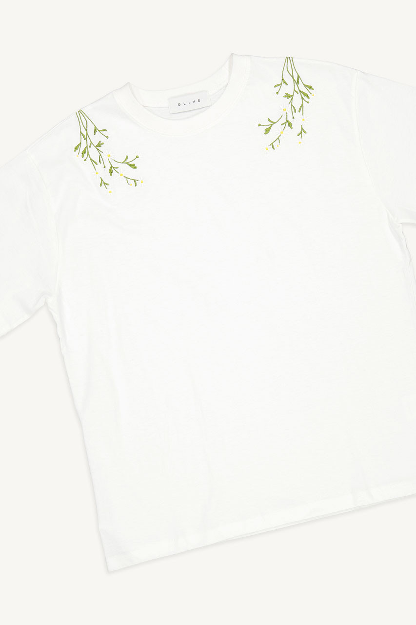 Daisy Embroidered Tee, White