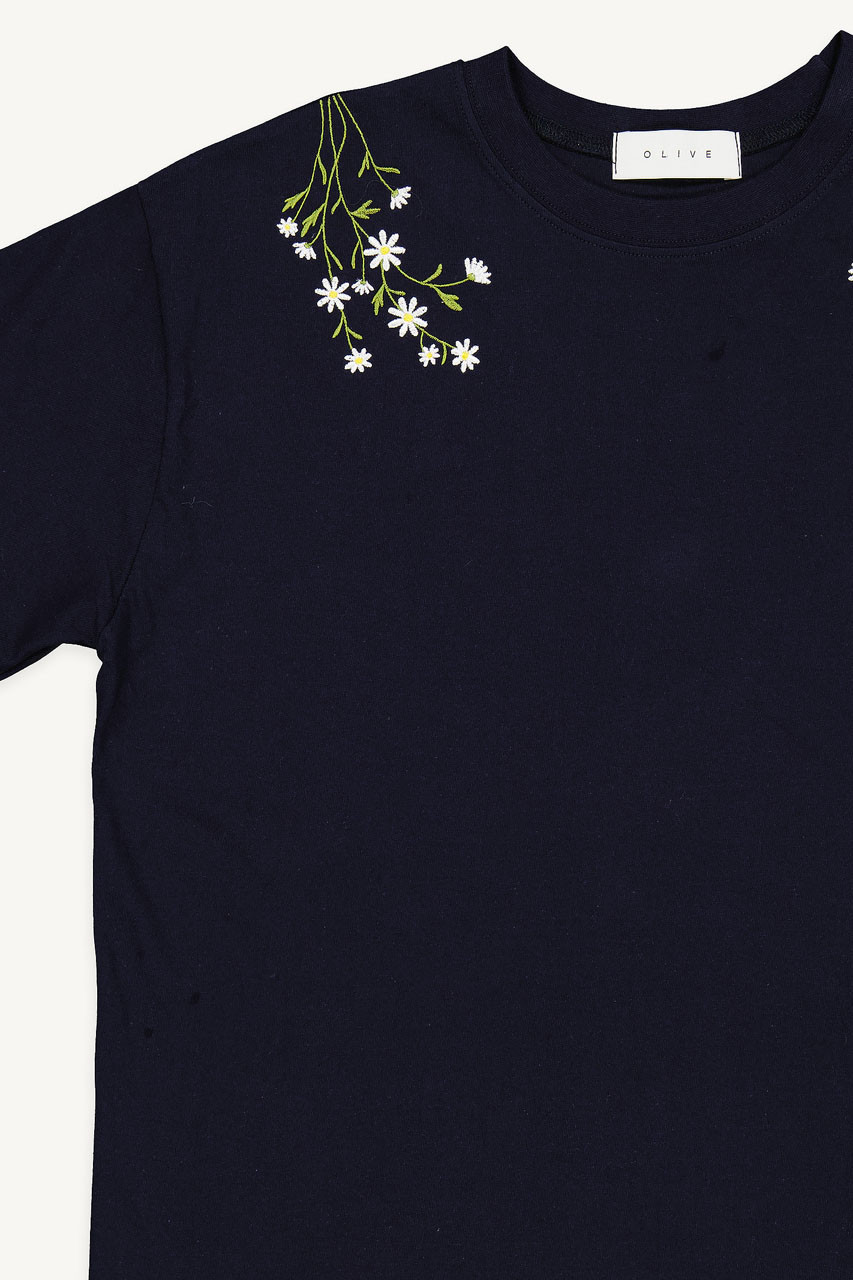 Daisy Embroidered Tee, Navy