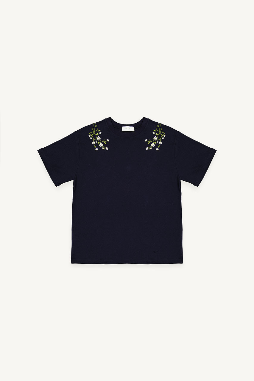 Daisy Embroidered Tee, Navy