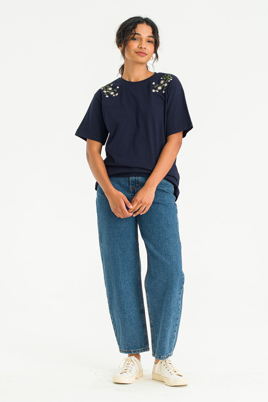 Daisy Embroidered Tee, Navy