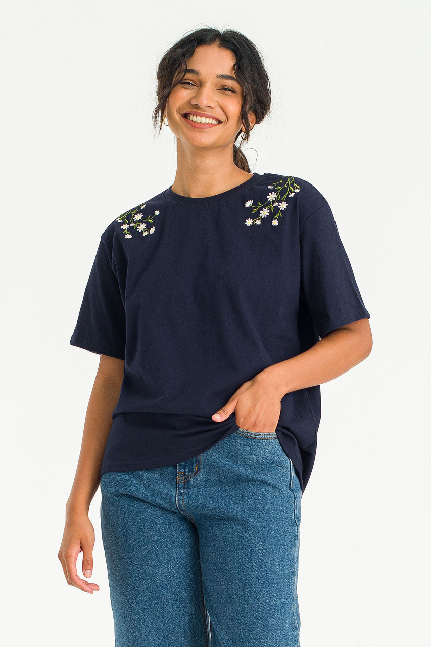 Daisy Embroidered Tee, Navy